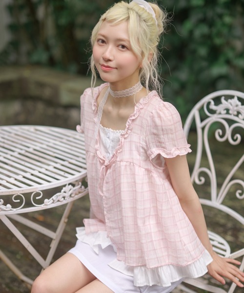 LiLIN（リリン）の「チェック柄 フリル パフスリーブ レイヤード トップス（シャツ/ブラウス・レディース・パープル/ミント/ピンク・FREE）」の17枚目の写真