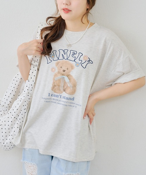 continuer de NICE CLAUP(コンティニューデナイスクラップ)の「くまちゃんとお花ロゴT(Tシャツ/カットソー・レディース・ブラック/オートミール/ピンク/オフホワイト・FREE)」の3枚目の写真