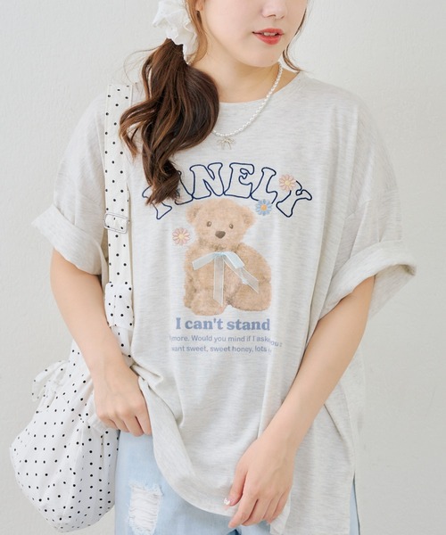 continuer de NICE CLAUP(コンティニューデナイスクラップ)の「くまちゃんとお花ロゴT(Tシャツ/カットソー・レディース・ブラック/オートミール/ピンク/オフホワイト・FREE)」の10枚目の写真