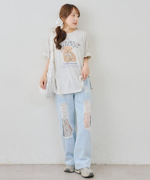 continuer de NICE CLAUP(コンティニューデナイスクラップ)の「くまちゃんとお花ロゴT(Tシャツ/カットソー・レディース・ブラック/オートミール/ピンク/オフホワイト・FREE)」の12枚目の写真