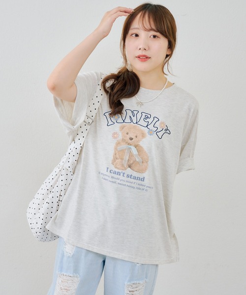 continuer de NICE CLAUP(コンティニューデナイスクラップ)の「くまちゃんとお花ロゴT(Tシャツ/カットソー・レディース・ブラック/オートミール/ピンク/オフホワイト・FREE)」の13枚目の写真
