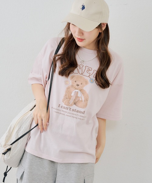 continuer de NICE CLAUP(コンティニューデナイスクラップ)の「くまちゃんとお花ロゴT(Tシャツ/カットソー・レディース・ブラック/オートミール/ピンク/オフホワイト・FREE)」の17枚目の写真