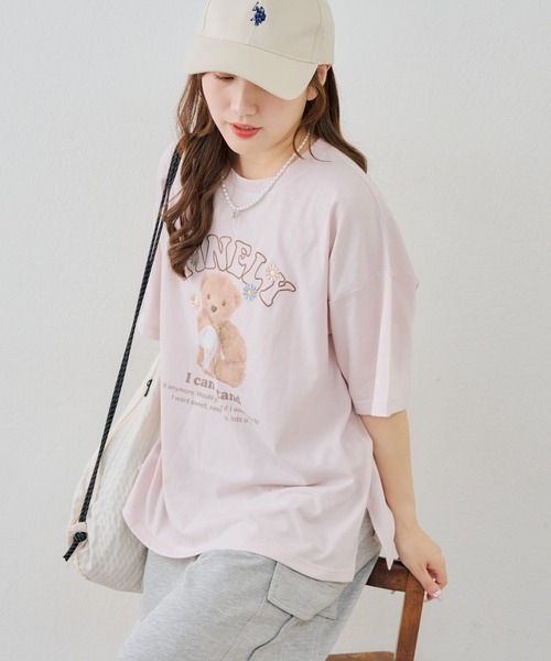 continuer de NICE CLAUP(コンティニューデナイスクラップ)の「くまちゃんとお花ロゴT(Tシャツ/カットソー・レディース・ブラック/オートミール/ピンク/オフホワイト・FREE)」の15枚目の写真
