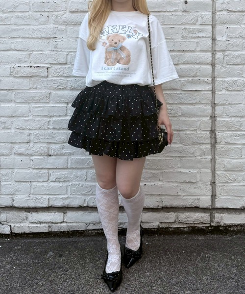 continuer de NICE CLAUP(コンティニューデナイスクラップ)の「くまちゃんとお花ロゴT(Tシャツ/カットソー・レディース・ブラック/オートミール/ピンク/オフホワイト・FREE)」の6枚目の写真