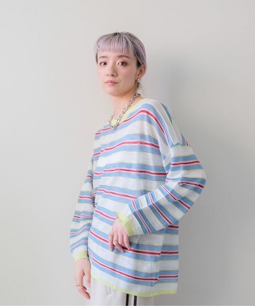 DOLLUPOOPS(ドールアップウップス)の「Multi-Border Ribbed Pullover(マルチボーダーリブプルオーバー)(ニット/セーター・レディース・ブルー/ピンク/オレンジ・FREE)」の4枚目の写真