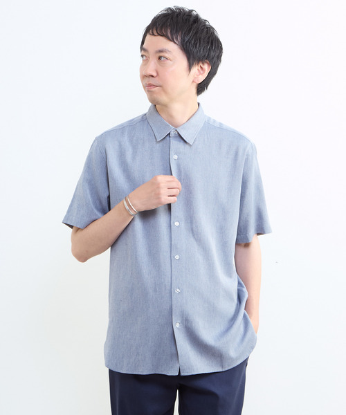 MEN'S MELROSE（メンズメルローズ）の「リネン混ダブルガーゼ 半袖バンドカラーシャツ（シャツ/ブラウス・メンズ・ブルー/ホワイト/ベージュ/グレー・3/4/2）」の4枚目の写真