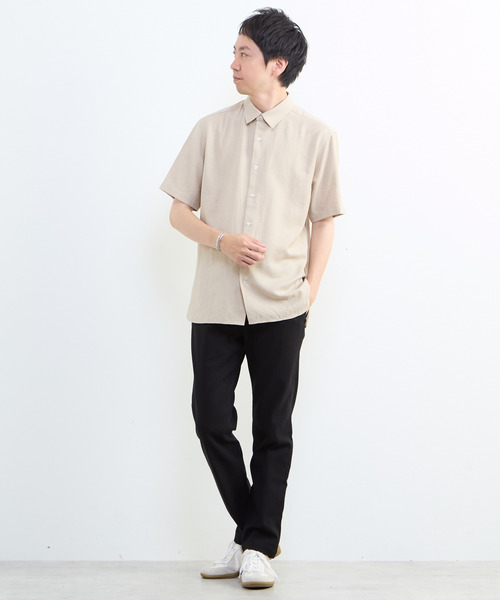 MEN'S MELROSE（メンズメルローズ）の「リネン混ダブルガーゼ 半袖バンドカラーシャツ（シャツ/ブラウス・メンズ・ブルー/ホワイト/ベージュ/グレー・3/4/2）」の5枚目の写真