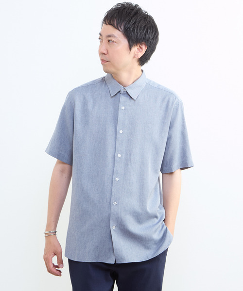 MEN'S MELROSE（メンズメルローズ）の「リネン混ダブルガーゼ 半袖バンドカラーシャツ（シャツ/ブラウス・メンズ・ブルー/ホワイト/ベージュ/グレー・3/4/2）」の8枚目の写真