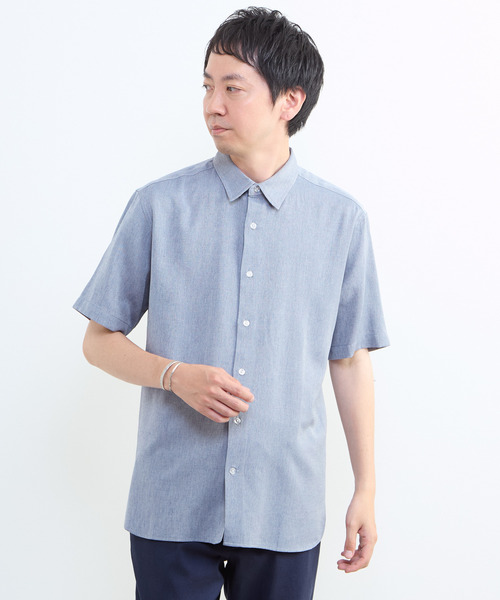 MEN'S MELROSE（メンズメルローズ）の「リネン混ダブルガーゼ 半袖バンドカラーシャツ（シャツ/ブラウス・メンズ・ブルー/ホワイト/ベージュ/グレー・3/4/2）」の9枚目の写真