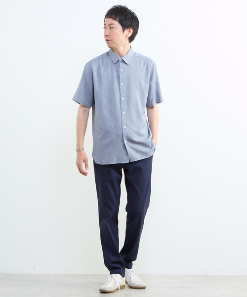MEN'S MELROSE（メンズメルローズ）の「リネン混ダブルガーゼ 半袖バンドカラーシャツ（シャツ/ブラウス・メンズ・ブルー/ホワイト/ベージュ/グレー・3/4/2）」の10枚目の写真