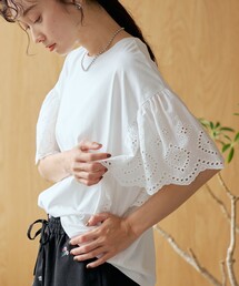 カットワークレース 袖切替デザインTシャツ