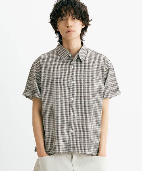 THEN OUR(デンアワー)の「クロップチェック半袖シャツ(ベージュ)(シャツ/ブラウス・メンズ・その他・X-LARGE/LARGE/MEDIUM)」の1枚目の写真
