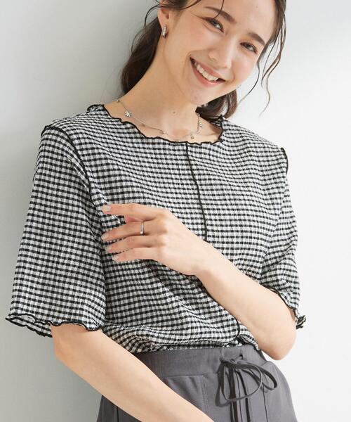 SHOO・LA・RUE(シューラルー)の「カット楊柳ギンガムメローT(Tシャツ/カットソー・レディース・ホワイト系4/チャコールグレー・01/02/04/03)」の2枚目の写真
