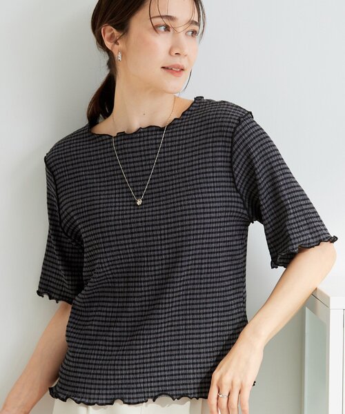 SHOO・LA・RUE(シューラルー)の「カット楊柳ギンガムメローT(Tシャツ/カットソー・レディース・ホワイト系4/チャコールグレー・01/02/04/03)」の1枚目の写真