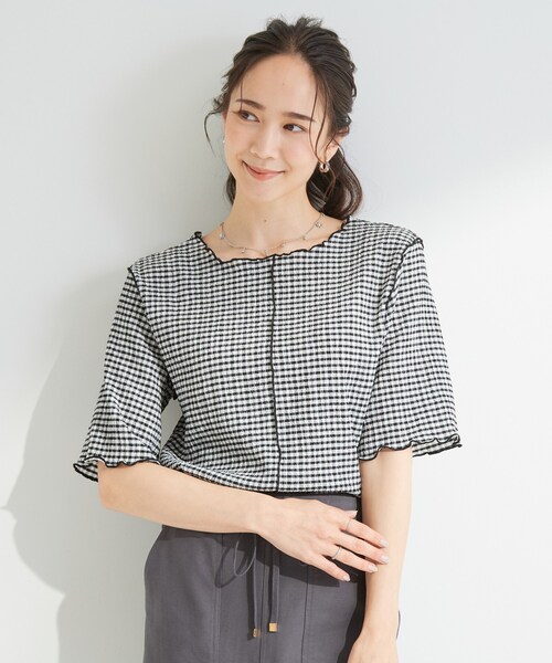 SHOO・LA・RUE(シューラルー)の「カット楊柳ギンガムメローT(Tシャツ/カットソー・レディース・ホワイト系4/チャコールグレー・01/02/04/03)」の3枚目の写真