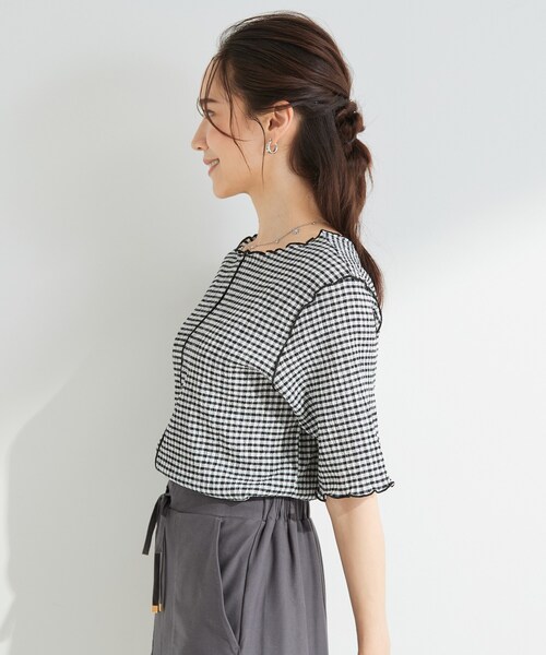 SHOO・LA・RUE(シューラルー)の「カット楊柳ギンガムメローT(Tシャツ/カットソー・レディース・ホワイト系4/チャコールグレー・01/02/04/03)」の4枚目の写真