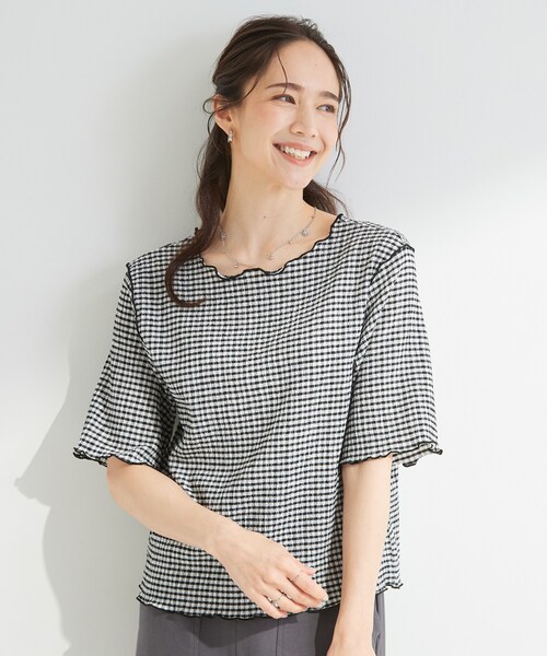 SHOO・LA・RUE(シューラルー)の「カット楊柳ギンガムメローT(Tシャツ/カットソー・レディース・ホワイト系4/チャコールグレー・01/02/04/03)」の5枚目の写真