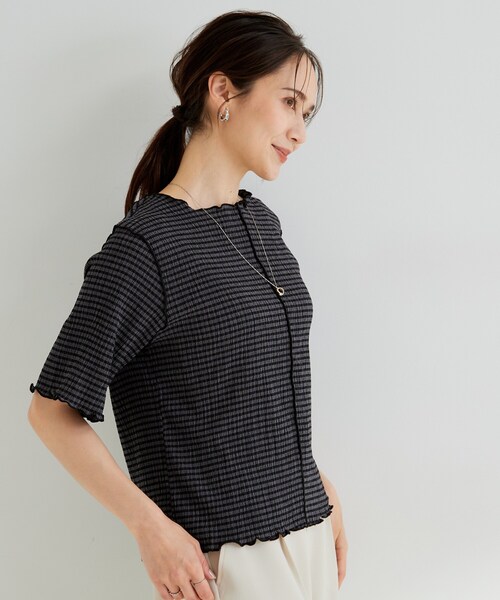 SHOO・LA・RUE(シューラルー)の「カット楊柳ギンガムメローT(Tシャツ/カットソー・レディース・ホワイト系4/チャコールグレー・01/02/04/03)」の10枚目の写真