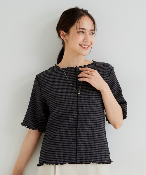 SHOO・LA・RUE(シューラルー)の「カット楊柳ギンガムメローT(Tシャツ/カットソー・レディース・ホワイト系4/チャコールグレー・01/02/04/03)」の11枚目の写真