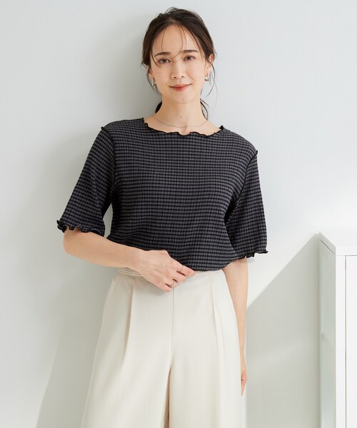 SHOO・LA・RUE(シューラルー)の「カット楊柳ギンガムメローT(Tシャツ/カットソー・レディース・ホワイト系4/チャコールグレー・01/02/04/03)」の12枚目の写真
