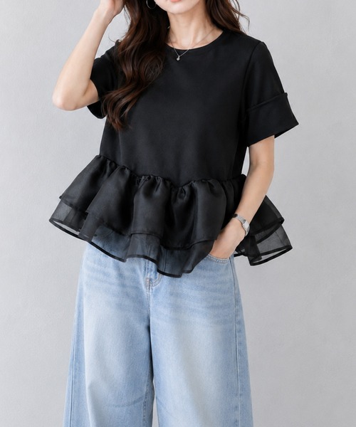 by LEGNA（バイレグナ）の「シアーフリルペプラムトップス（Tシャツ/カットソー・レディース・ホワイト/ブラック/グレー・MEDIUM/LARGE）」の3枚目の写真