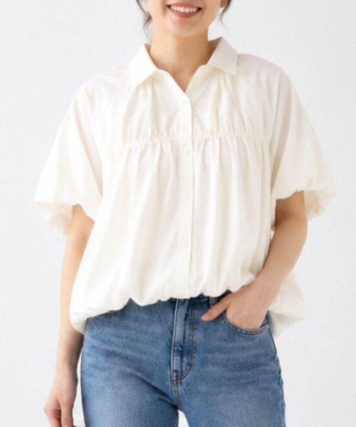 Human 2nd Occasion（ヒューマンセカンドオケージョン）の「ギャザー&シャーリング ハーフスリーブ ブラウス（シャツ/ブラウス・レディース・ブラック/オフホワイト/サックスブルー・FREE）」の20枚目の写真