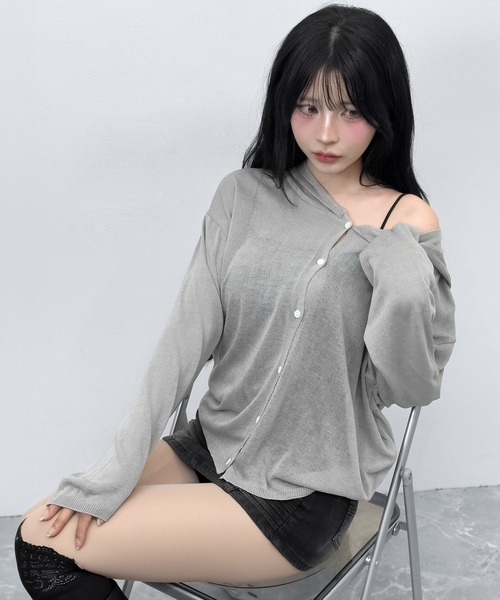 FOLLOWIN（フォロウィン）の「3color/シアーフードニットカーディガン（カーディガン/ボレロ・レディース・アイボリー/ブラック/グレー・FREE）」の12枚目の写真