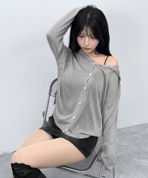 FOLLOWIN（フォロウィン）の「3color/シアーフードニットカーディガン（カーディガン/ボレロ・レディース・アイボリー/ブラック/グレー・FREE）」の13枚目の写真