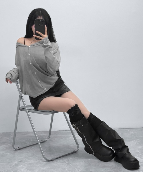 FOLLOWIN（フォロウィン）の「3color/シアーフードニットカーディガン（カーディガン/ボレロ・レディース・アイボリー/ブラック/グレー・FREE）」の14枚目の写真
