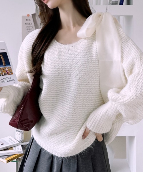 Ada.（エイダ）の「ショルダーリボン モヘアライク ルーズ ニット（ニット/セーター・レディース・グレー/ピンク/ホワイト・FREE）」の2枚目の写真