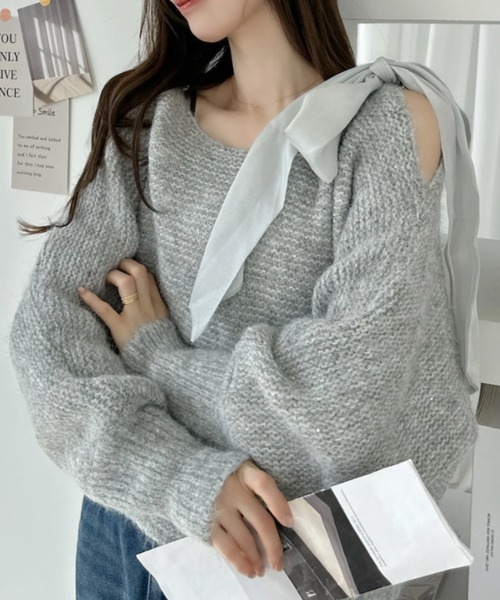 Ada.（エイダ）の「ショルダーリボン モヘアライク ルーズ ニット（ニット/セーター・レディース・グレー/ピンク/ホワイト・FREE）」の10枚目の写真