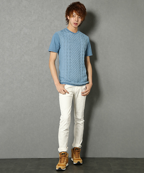 VENCEEXCHANGE(ヴァンスエクスチェンジ)の「インディゴニット切替クールネック半袖T(Tシャツ/カットソー・メンズ・ブルー/ネイビー・LARGE/MEDIUM)」の3枚目の写真