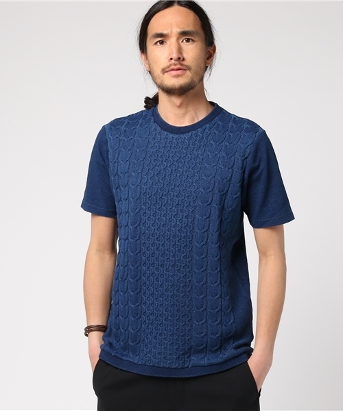 VENCEEXCHANGE(ヴァンスエクスチェンジ)の「インディゴニット切替クールネック半袖T(Tシャツ/カットソー・メンズ・ブルー/ネイビー・LARGE/MEDIUM)」の2枚目の写真