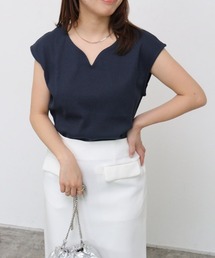 選べるフレンチスリーブテレコリブカットソー キーネック クルーネック