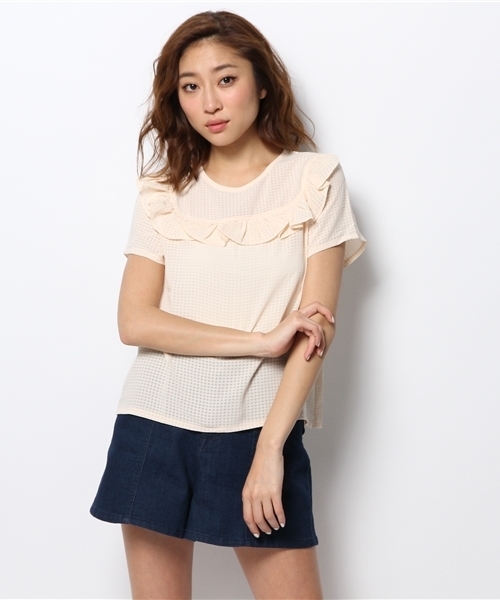 mystic（ミスティック）の「チェックフリルブラウス（シャツ/ブラウス・レディース・オフホワイト/ベージュ/ネイビー/ブラック・ﾌﾘ-）」の3枚目の写真