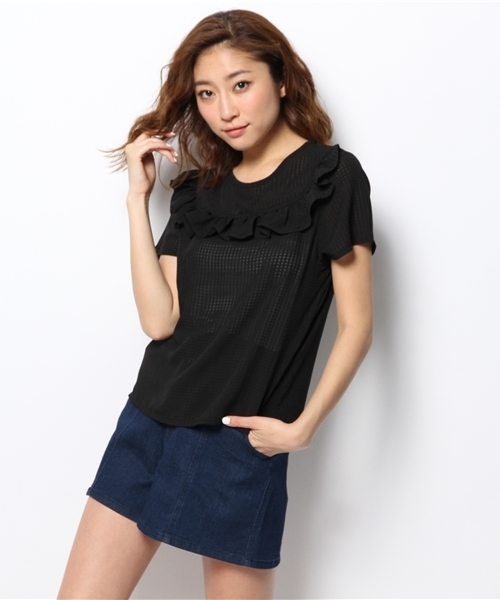 mystic（ミスティック）の「チェックフリルブラウス（シャツ/ブラウス・レディース・オフホワイト/ベージュ/ネイビー/ブラック・ﾌﾘ-）」の2枚目の写真