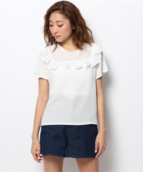 mystic（ミスティック）の「チェックフリルブラウス（シャツ/ブラウス・レディース・オフホワイト/ベージュ/ネイビー/ブラック・ﾌﾘ-）」の9枚目の写真