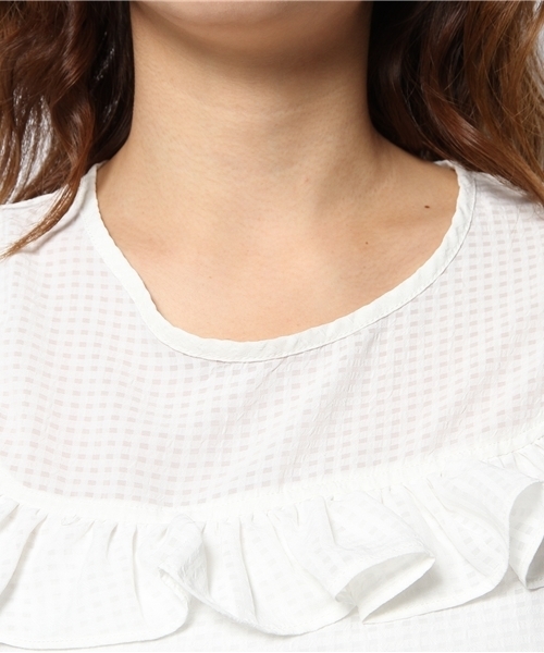 mystic（ミスティック）の「チェックフリルブラウス（シャツ/ブラウス・レディース・オフホワイト/ベージュ/ネイビー/ブラック・ﾌﾘ-）」の5枚目の写真