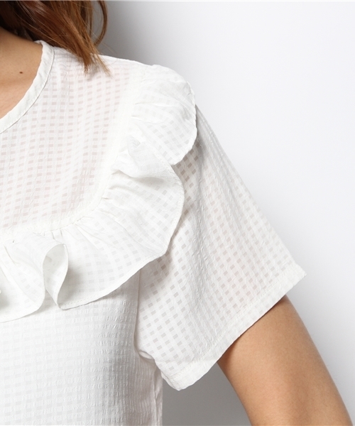 mystic（ミスティック）の「チェックフリルブラウス（シャツ/ブラウス・レディース・オフホワイト/ベージュ/ネイビー/ブラック・ﾌﾘ-）」の7枚目の写真