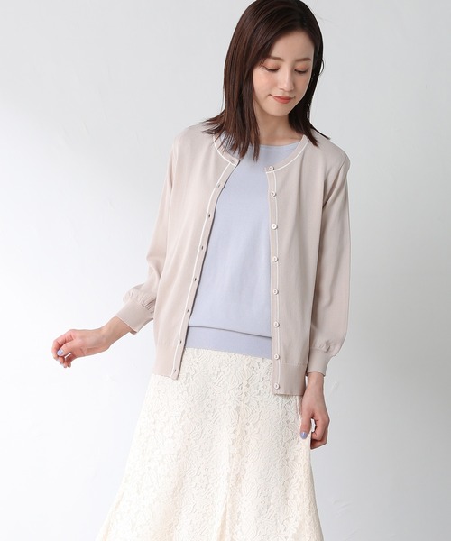 Honeys（ハニーズ）の「７分袖配色クルーカーデ（カーディガン/ボレロ・レディース・コーラルピンク/オフホワイト/ネイビー/ラベンダー/ベージュ・L/LL/M）」の3枚目の写真