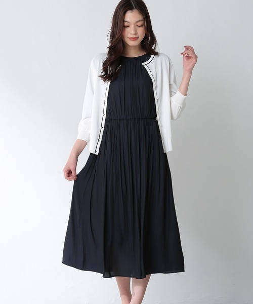 Honeys（ハニーズ）の「７分袖配色クルーカーデ（カーディガン/ボレロ・レディース・コーラルピンク/オフホワイト/ネイビー/ラベンダー/ベージュ・L/LL/M）」の2枚目の写真