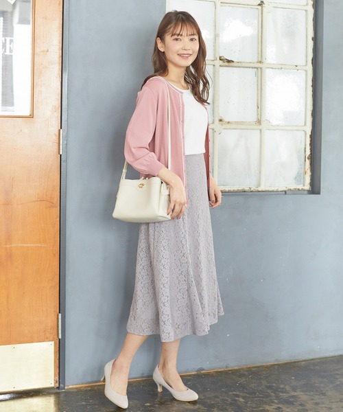 Honeys（ハニーズ）の「７分袖配色クルーカーデ（カーディガン/ボレロ・レディース・コーラルピンク/オフホワイト/ネイビー/ラベンダー/ベージュ・L/LL/M）」の22枚目の写真