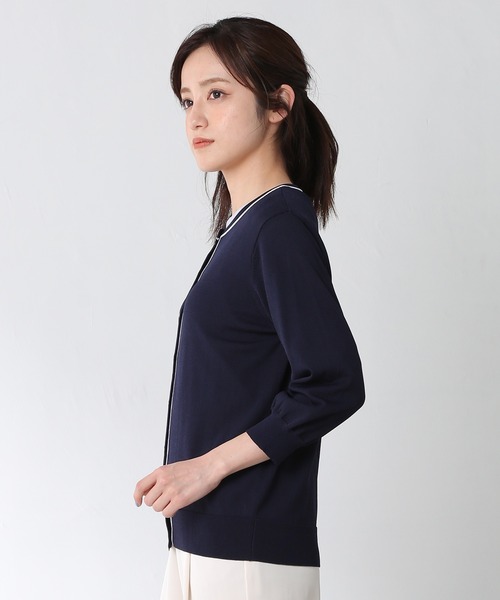 Honeys（ハニーズ）の「７分袖配色クルーカーデ（カーディガン/ボレロ・レディース・コーラルピンク/オフホワイト/ネイビー/ラベンダー/ベージュ・L/LL/M）」の8枚目の写真