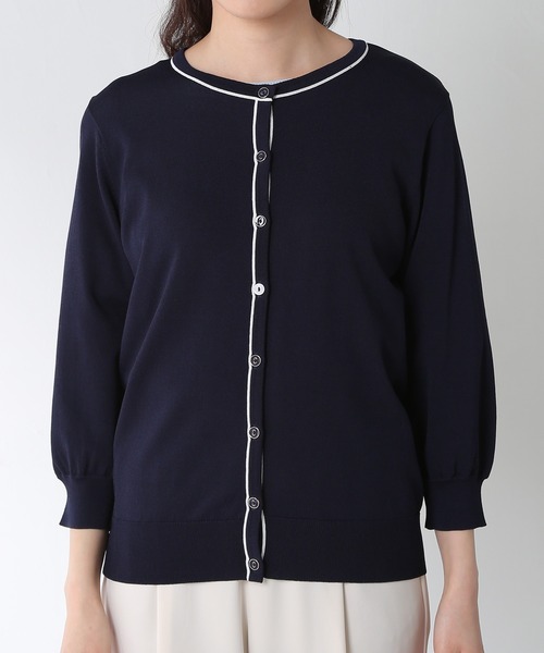 Honeys（ハニーズ）の「７分袖配色クルーカーデ（カーディガン/ボレロ・レディース・コーラルピンク/オフホワイト/ネイビー/ラベンダー/ベージュ・L/LL/M）」の10枚目の写真