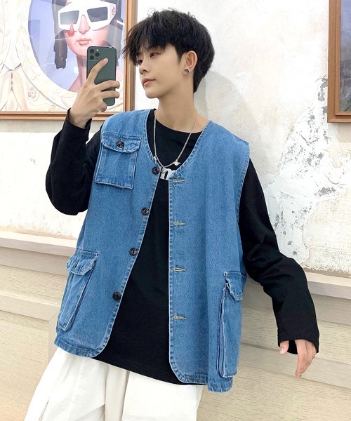 neos(ネオス)の「【neos -addictive design-】ルーズシルエット フラップポケット デニム ベスト(ベスト・メンズ・サックスブルー/ブルー・MEDIUM/LARGE/X-LARGE)」の1枚目の写真