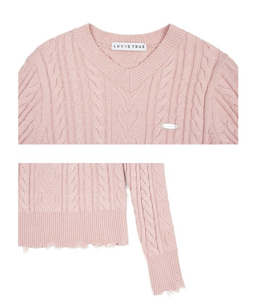 LUVISTRUE（ラヴイズトゥルー）の「A'GEM/9 × .kom 『LUV IS TRUE/ラブ イズ トゥルー』OT DAMAGE KNIT TOP/ロングスリーブ ケーブル編みダメージニットソー（ニット/セーター・レディース・アイボリー/ネイビー/ピンク・FREE）」の10枚目の写真