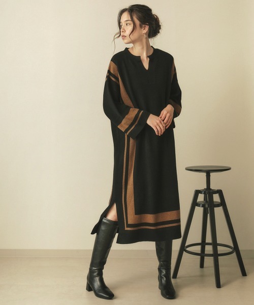 Bou Jeloud(ブージュルード)の「ジャガードスクエア柄ロングワンピース(ワンピース・レディース・アイボリー/モカ/ブラック・FREE)」の4枚目の写真