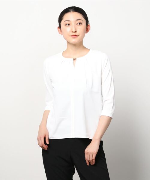 【ストレッチジョーゼット素材】*七分袖*キーネックバイカラーブラウス 【ストレッチジョーゼット素材】*七分袖*キーネックバイカラーブラウス