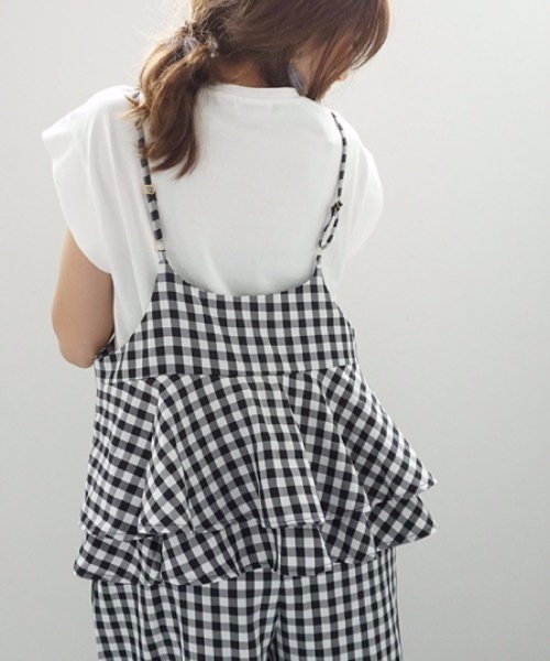 M y u（ミュー）の「ギンガムチェック バックフリルサロペット（サロペット/オーバーオール・レディース・ブラック/ブラック系その他・FREE）」の7枚目の写真
