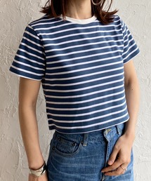 クルーネックリンガーボーダー半袖クロップドTシャツ
